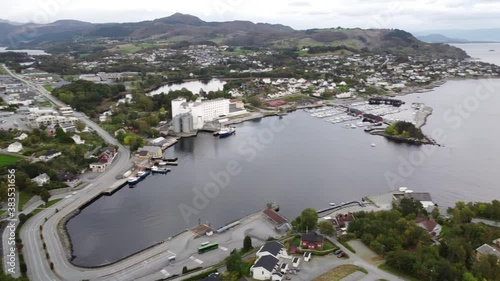 Drone Panoramic of Norwegian fishing village at sunset- Tau near Stavanger Norway photo