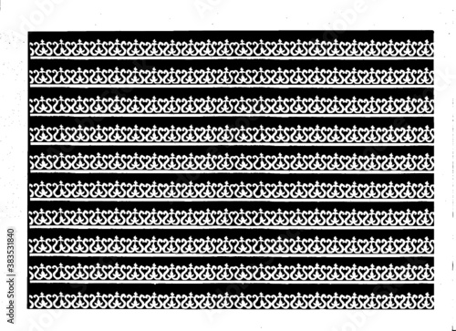 18th century ornament, Oryol region of the Vyatichi tribe - on a black background there is a pattern of flowers, pikes and bows
