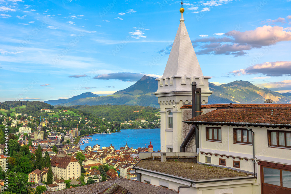 Aerial view of Lucerne cityscape skyline and Lake Lucerne, Canton of Lucerne, Switzerland.