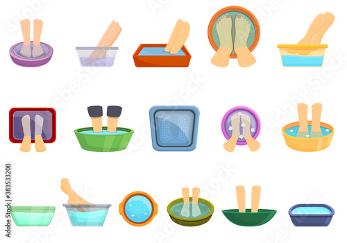 Foot bath icons set. Cartoon set of foot bath vector icons for web design