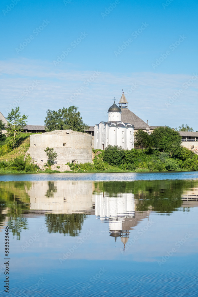 Summer landscape with an old fortress in Staraya Ladoga. Founded in 753. Bank of the Volkhov River. Leningrad region. Russia