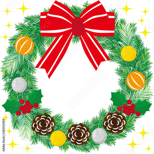Vector Christmas Wreath with Red Ribbon,Pinecone,Holly,Dried Orange,Ball Ornament