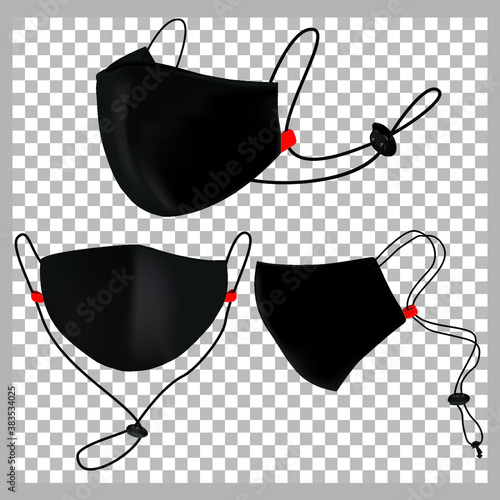 Protective cloth mask covid-19 illustration. Black Face Mask with stopper on transparent,realistic blank front, back and side view set for brand promo.eps10.