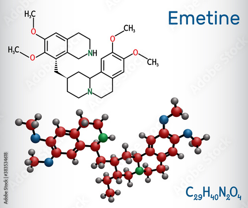 Emetine molecule. It is an antiprotozoal agent and emetic. Structural chemical formula and molecule model