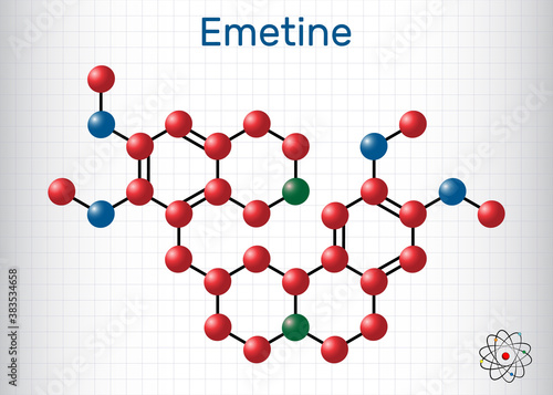 Emetine molecule. It is an antiprotozoal agent and emetic. Structural chemical formula and molecule model. Sheet of paper in a cage