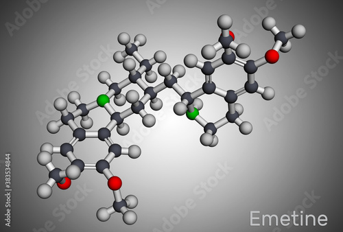 Emetine molecule. It is an antiprotozoal agent and emetic. Molecular model.