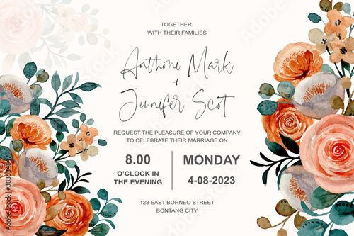 Wedding invitation card with floral roses watercolor