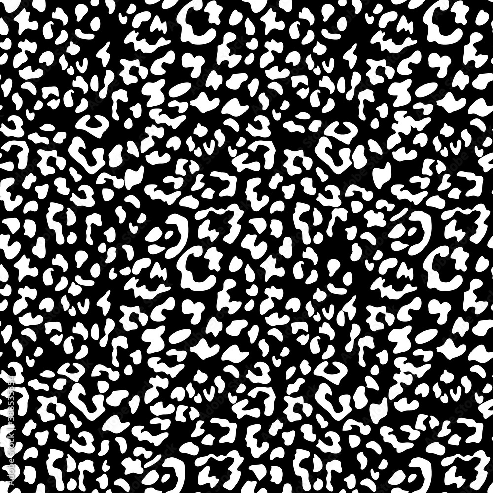 Leopard print background. Animal seamless pattern with hand drawn leopard spots. Black and white wallpaper. Vector