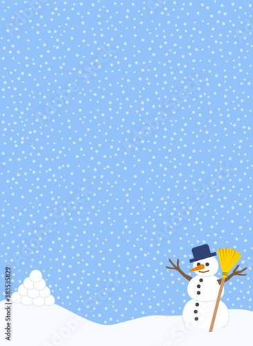 Winter fun anticipation with snowballs and snowman ready for upcoming snowball fight. Comic vector illustration on snowflakes background.
