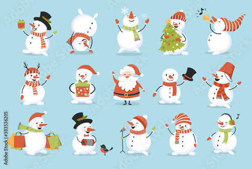 Cute Christmas snowmen set. Funny playful characters. Perfect for New Year and winter holiday card, poster and banners.