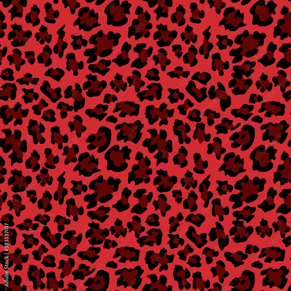 Red leopard print background. Animal seamless pattern with hand drawn leopard spots. Red wallpaper. Vector