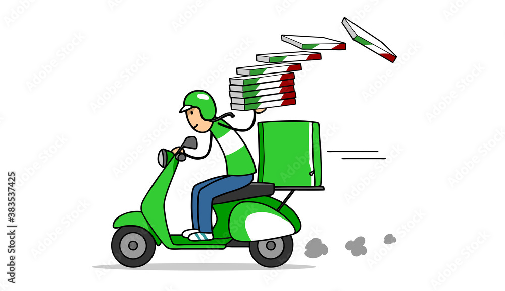Pizza Lieferservice durch Pizzeria mit Motorroller Pizza Lieferservice durch Pizzeria mit Motorroller