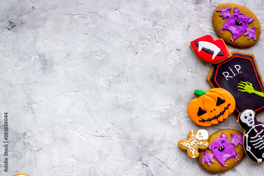 Top view of Halloween gingerbread cookies, copy space