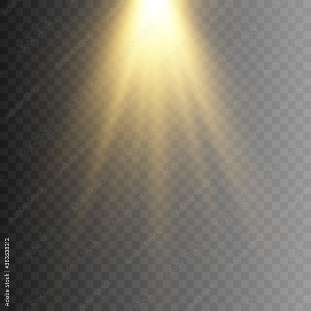 Golden light, rays of light. Golden flash png. Light, lighting. Vector illustration. - obrazy, fototapety, plakaty 