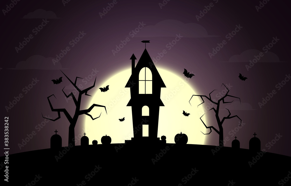 Halloween holiday. Halloween stock illustration. Three pumpkins, moon, trees, graves.