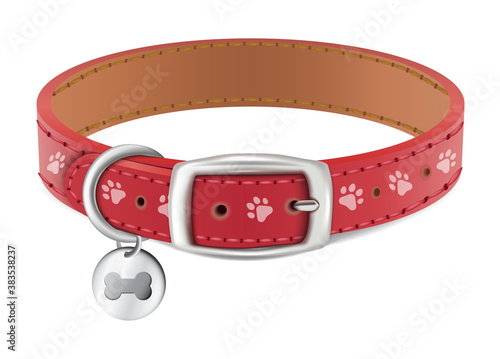 3d realistic vector dog or car red collar with silver medal. Isolated on white background.