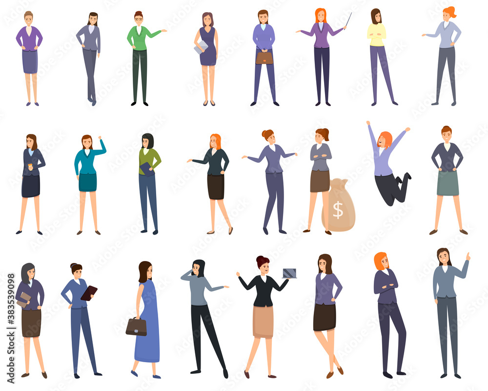 Successful business woman icons set. Cartoon set of successful business woman vector icons for web design