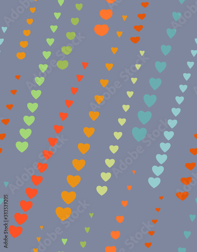 Seamless pattern of heart arrows strokes. Abstract texture. Heart rain, heart arrow, eyewater loving cardiac theme. Orange, red shapes on gray colored background. Vector
