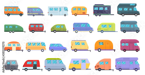 Auto camping icons set. Cartoon set of auto camping vector icons for web design