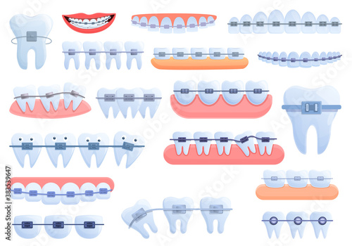 Tooth braces icons set. Cartoon set of tooth braces vector icons for web design