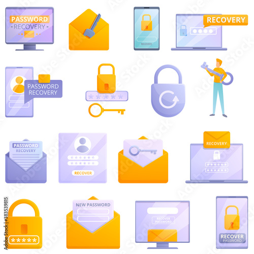 Password recovery icons set. Cartoon set of password recovery vector icons for web design