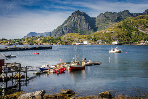 fishing boats near the pier. Fisherman's house. Norway, fishing on the islands in the Arctic Circle