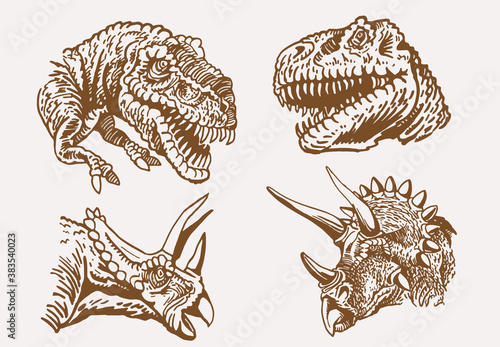 Vector vintage set of dinosaurs' portraits , tyrannosaurus and triceratops