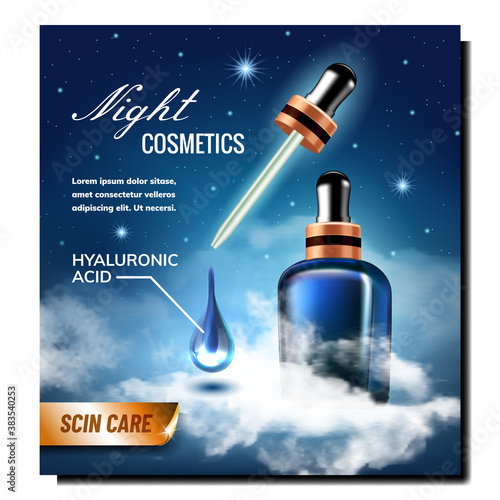 Night Cosmetics Creative Promotional Poster Vector. Hyaluronic Acid Cosmetics Blank Bottle With Pipette Advertising Marketing Banner. Skin Care Liquid Style Color Concept Template Illustration