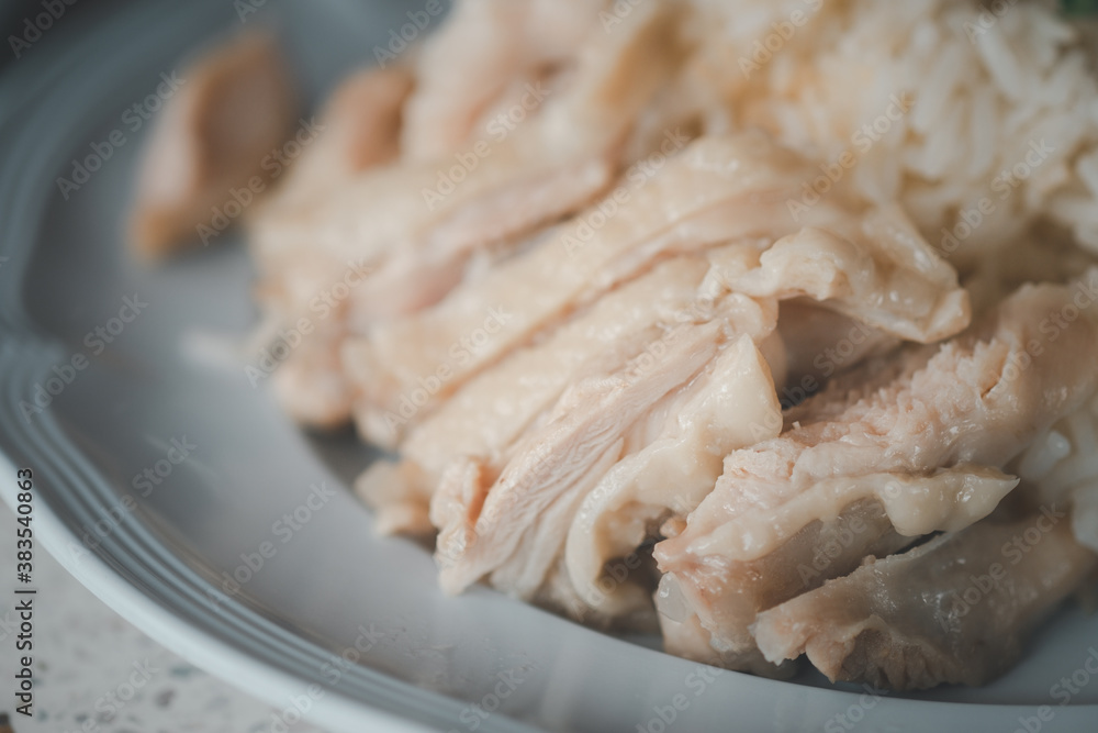 Selective focus of steamed chicken rice Selective focus of steamed chicken rice