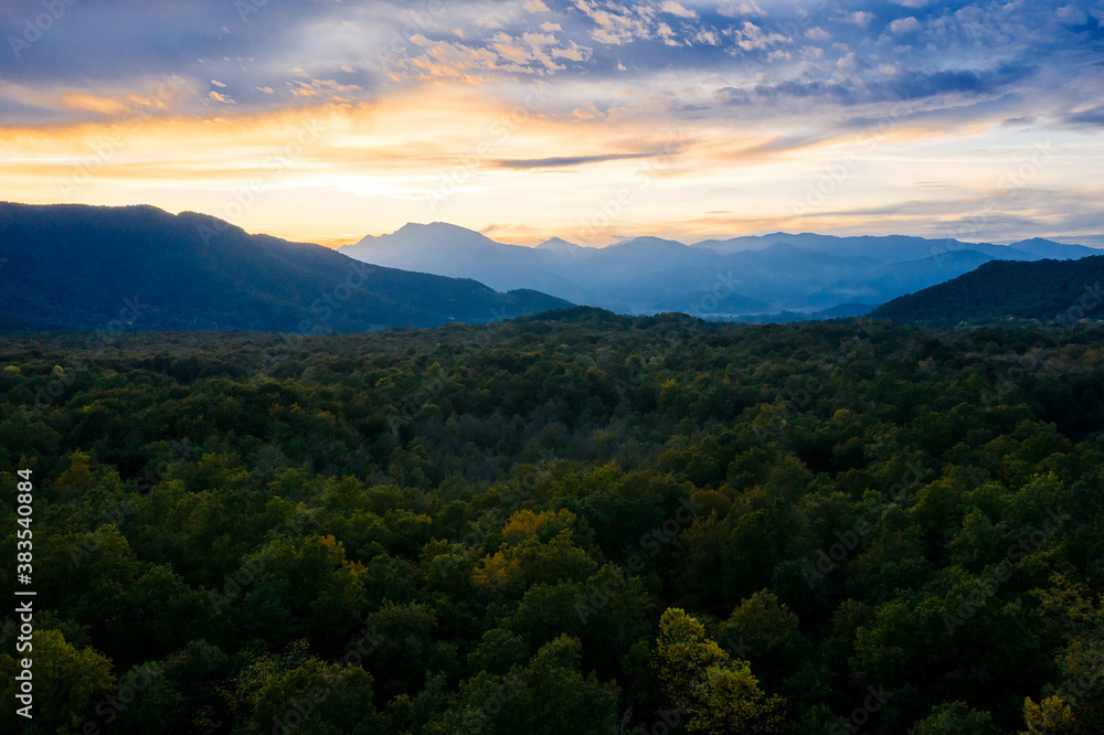 panoramic view of mountains and forest at sunset