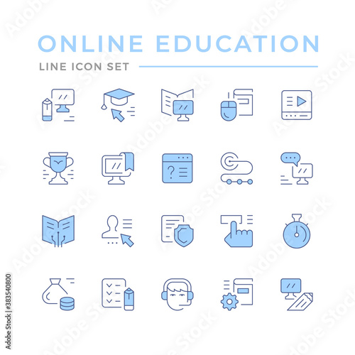 Set color line icons of online education