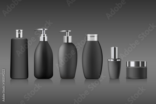 Bottle black products with silver cap, collection mock up template design on gray background, Eps 10 vector illustration