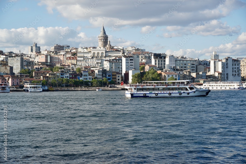 Istanbul, Turkey - August, 2020: Panorama of Istanbul from the side of Bosporus Strait. Magnificent Istanbul city, historical peninsula , Fatih mosque , Sultan Ahmed mosque, Suleymaniye Mosque