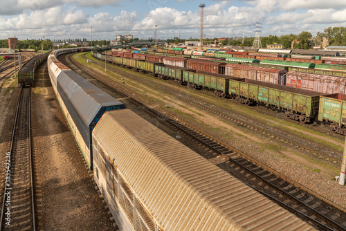 Railway interchanges with freight cars.