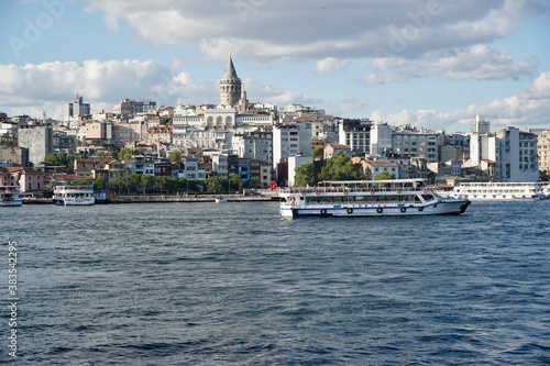 Istanbul  Turkey - August  2020  Panorama of Istanbul from the side of Bosporus Strait. Magnificent Istanbul city  historical peninsula   Fatih mosque   Sultan Ahmed mosque  Suleymaniye Mosque