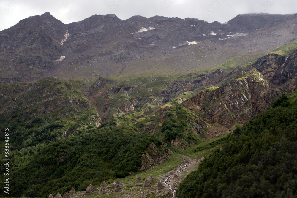 Naklejka premium Avalanche barriers on a mountain slope. Caucasus, Russia.