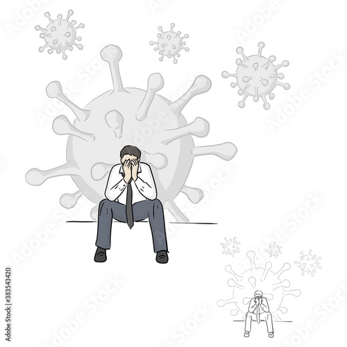 businessman loss job due to Covid-19 virus outbreak vector illustration sketch doodle hand drawn with black lines isolated on white background