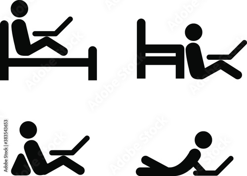People icons: sit and work with laptop on the bed, against the couch on the floor, and lying on the floor.