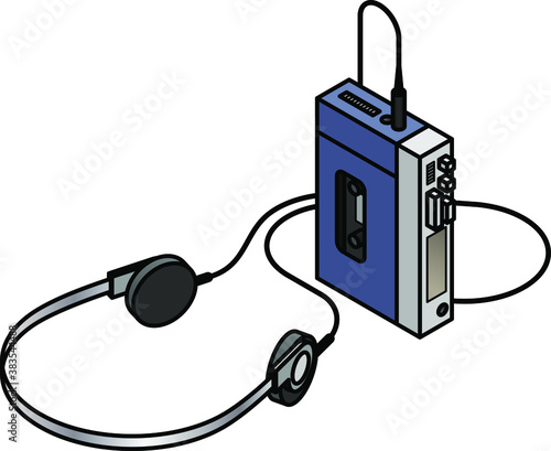 A classic / retro portable cassette tape player with attached headphones.