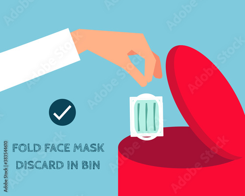 Covid-19 crisis concept: Throw face mask into bin after you used it. There bin and face mask in cartoon vector style for your design.