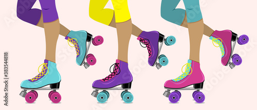 Vector illustration with female legs in retro roller skates on pink  background.