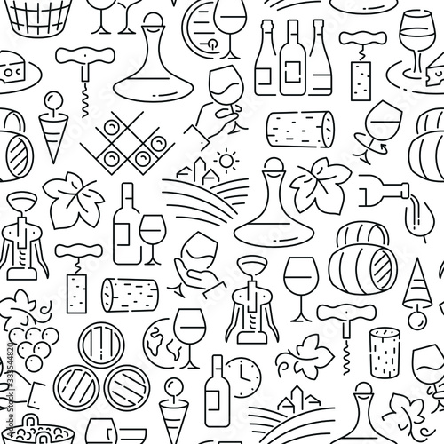 Seamless pattern with wine. Black and white thin line icons