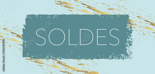 Affiche pour les soldes d’un magasin de luxe au graphisme artistique bleu pastel et or - texte français, traduction : soldes.
