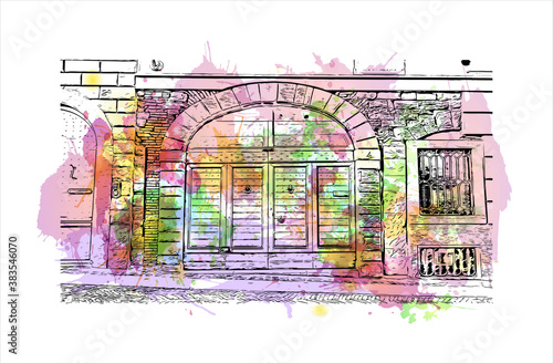 Building view with landmark of Bergamo is a city in the alpine Lombardy region of northern Italy. Watercolor splash with hand drawn sketch illustration in vector.