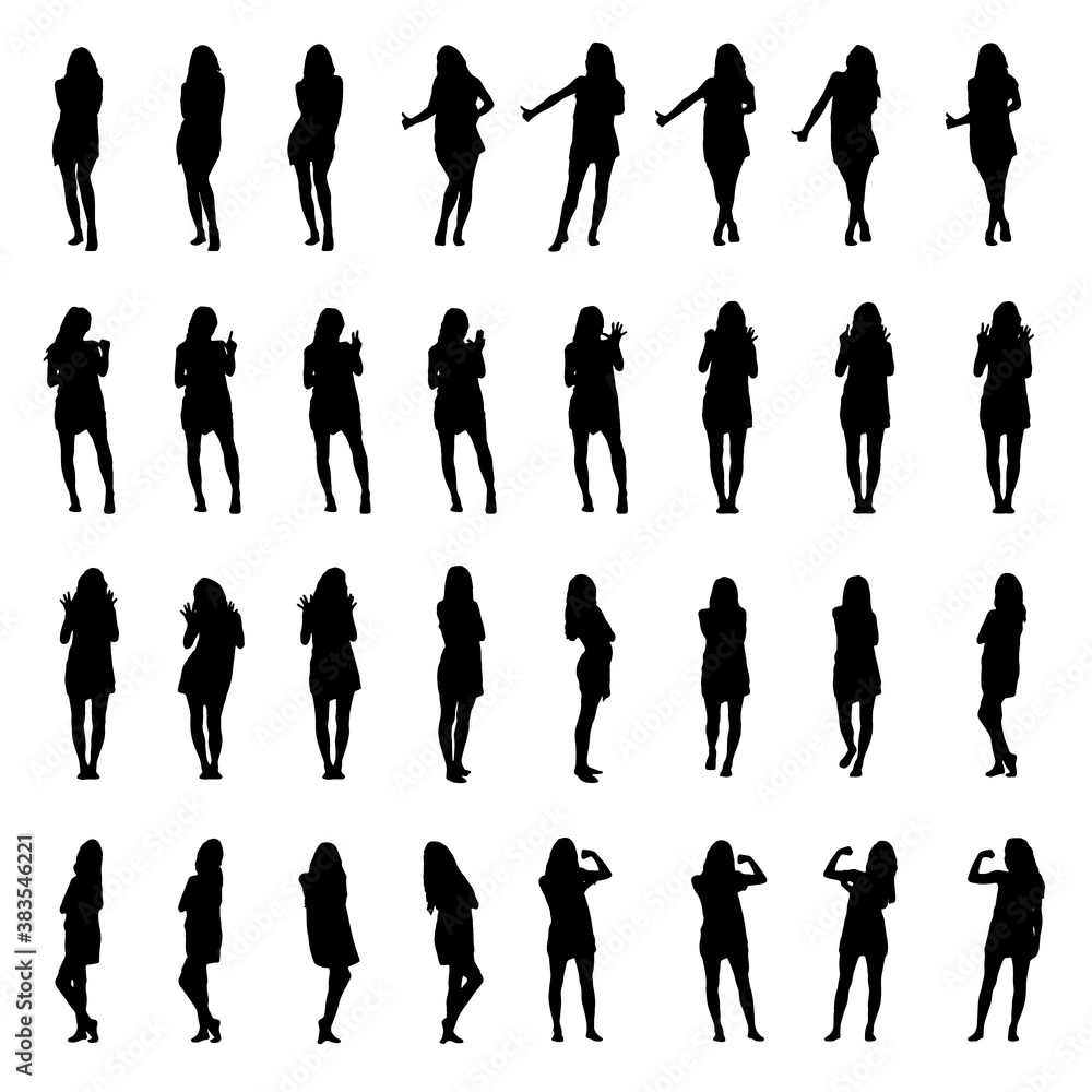 Silhouettes collection of woman with many different gestures, hitchhiking or counting with fingers. Full body layered vector illustration.