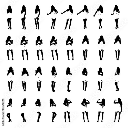 Set of detailed silhouettes of young woman in bath towel doing different gestures like hitchhiking or finger counting and flexing muscles. Full body layered vector illustration.