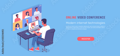 A worker using online video conference for communication isometric illustration 