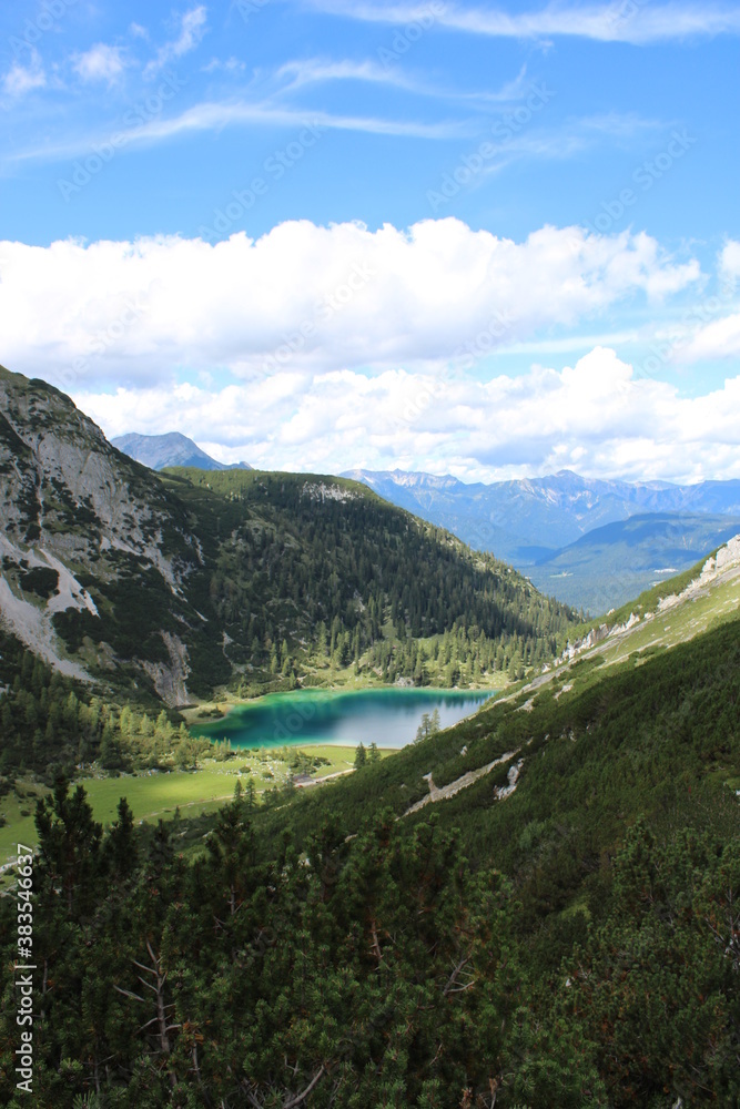 Turquoise shining Seebensee in the Austrian Alps close to Ehrwald in Tyrol 