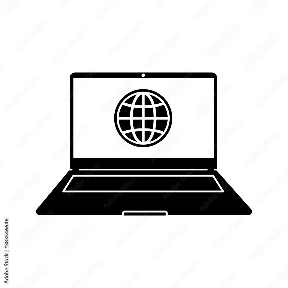 Globe on screen of laptop icon flat style in trendy design isolated. vector illustration Globe on screen of laptop icon flat style in trendy design isolated. vector illustration