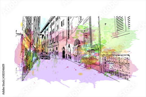 Building view with landmark of Bergamo is a city in the alpine Lombardy region of northern Italy. Watercolor splash with hand drawn sketch illustration in vector.